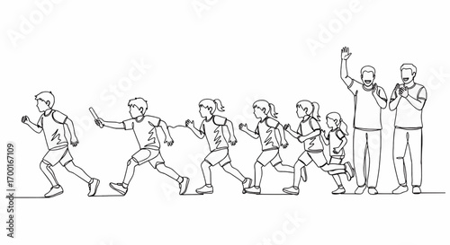 Children running a relay race, parents cheering.