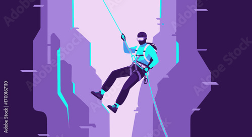 Futuristic extreme sport climber illustration with rope and protective gear in stylish scenery