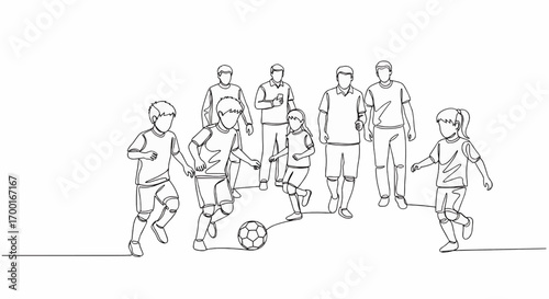 Continuous one-line drawing of children playing soccer with their coaches watching from the sidelines.