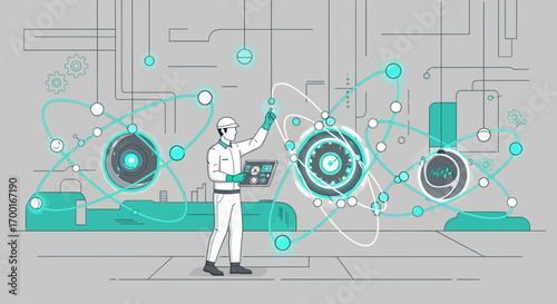 Futuristic factory management with a digital interface and engineer interaction showcases innovation