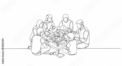 Group of people playing a board game around a table, a single line drawing.