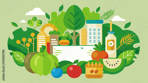 Colorful illustration of fresh fruits vegetables and organic products with healthy food and eco lifestyle concept