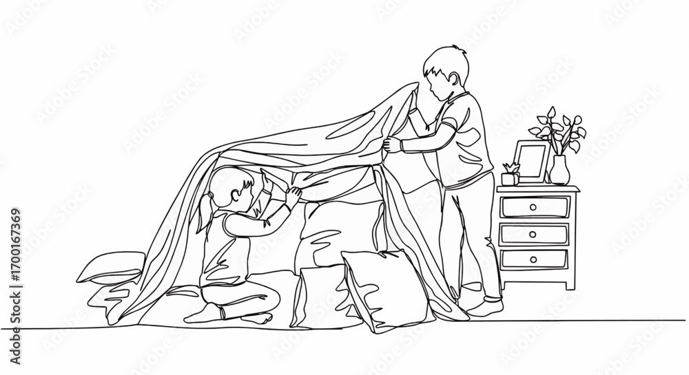Obraz premium Two children build a fort using blankets and pillows.