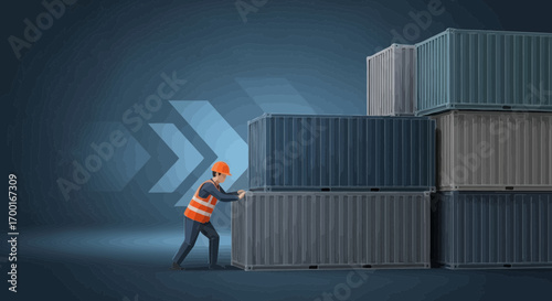 Illustration depicting worker pushing containers, representing global trade and logistics challenges