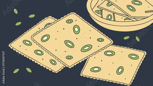 Delicious crackers with seeds illustration food photography snack recipe cooking baking healthy eating concept