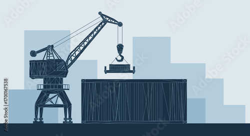 Illustration of a container crane lifting a cargo container at a port terminal with building