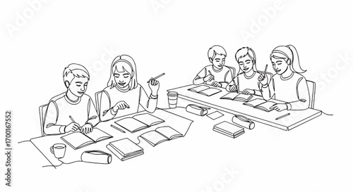 Children studying at desks, a continuous line drawing.