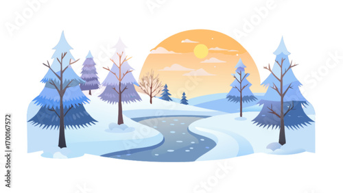 Winter landscape illustration of snowy trees river and sunset for christmas holiday background vector design