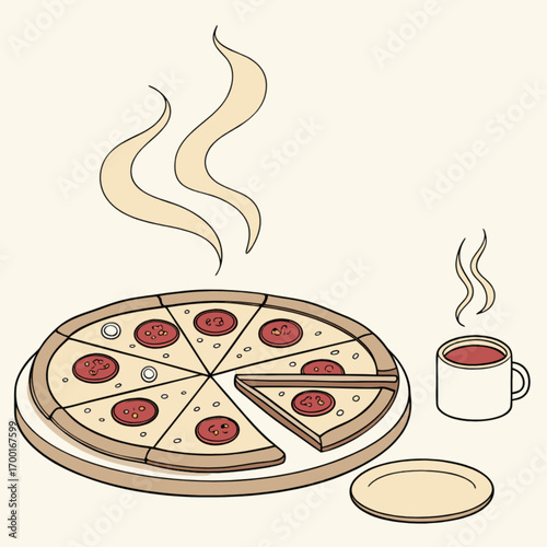 Delicious pepperoni pizza with hot drink illustration for restaurant menu and food delivery concept design