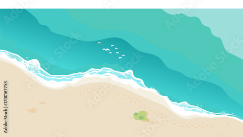 Aerial beach view with turquoise ocean waves and sandy shore for summer vacation concept illustration
