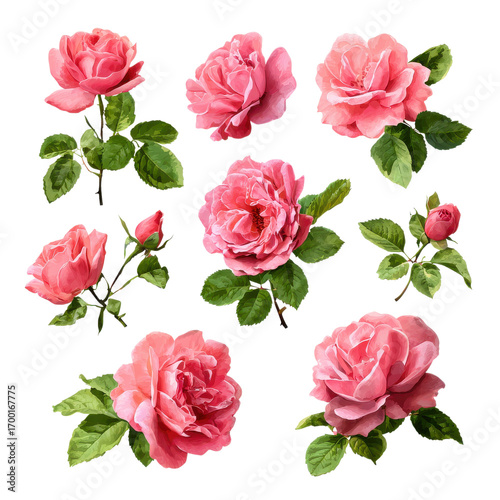 Fototapeta Naklejka Na Ścianę i Meble -  A variety of pink roses is showcased with different blooms and buds, perfect for decoration or artistic inspiration