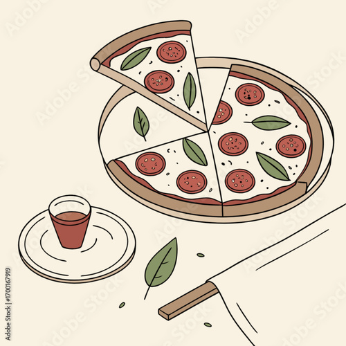 Delicious pepperoni pizza with basil leaves italian food flat lay top view restaurant menu design illustration