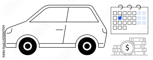 Car with detailed elements beside calendar marked with a check and coins stacked for cost indication. Ideal for travel, booking, finance, transportation, leasing, budgeting, saving. Flat simple