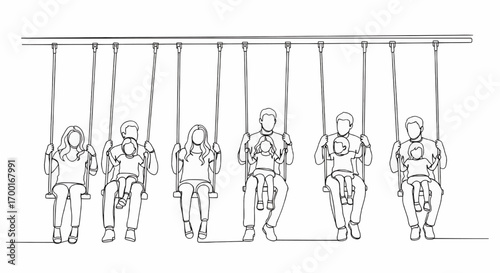 Line drawing of people on swings hanging from a bar.
