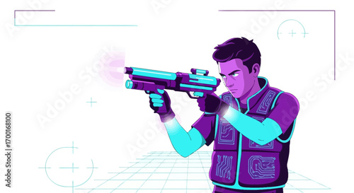 Futuristic laser tag warrior aiming his laser gun in a digital game arena concept