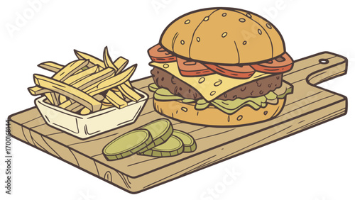 Delicious burger with french fries and pickles on wooden board food illustration vector design image