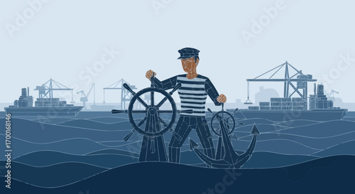 Illustration of a sailor at sea with cargo ships and cranes in the background with blue tones