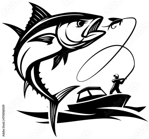 Albacore Tuna Fishing Logo. Illustration of Action Sea Saltwater Angler Icon.