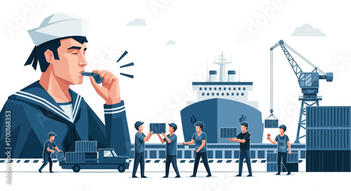 Illustration of a shipping port with a sailor, workers, containers, and crane symbolizing global