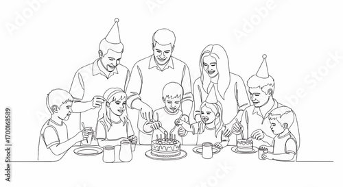 Family gathering around a table, cutting a birthday cake, celebrating a special occasion together.