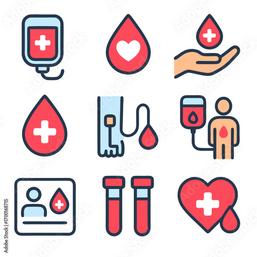 Blood Donation Icons Essential Symbols for Healthcare, Saving Lives, and Medical Aid