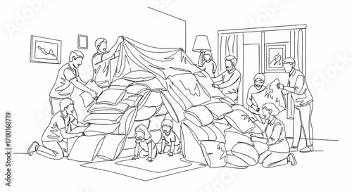 Family building a pillow fort in their living room.