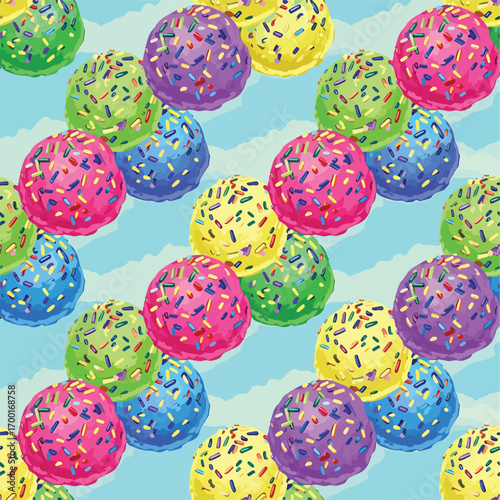 Colorful candy balls with sprinkles seamless pattern on a light blue background, seamless pattern, Stock royalty image.