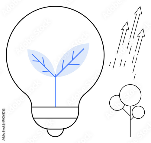 Lightbulb with a leaf inside, arrows denoting growth, and a stylized tree branch. Ideal for sustainability, innovation, eco-consciousness, environmental care, green energy growth ecology. A simple
