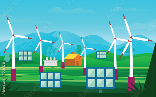 Eco-Friendly Wind Turbines and Solar Panels – Renewable Energy Green Power Illustration