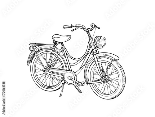Detailed black and white bicycle illustration presenting a mountain bike for sporting endeavors outdoors
