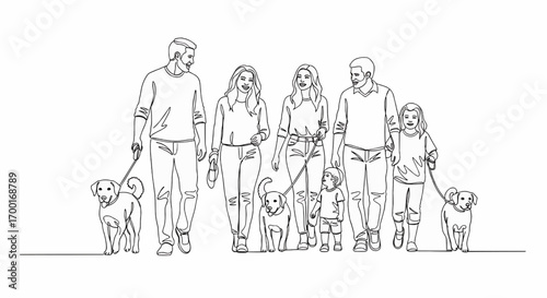 A continuous single line drawing of a large family or group of friends walking their four dogs.