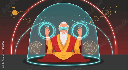 Futuristic meditation: an old master immersed in a virtual reality experience offering enlightenment