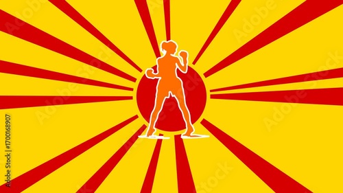 Boxer girl symbol on the background of animation from moving rays of the sun. Large orange symbol increases slightly. Seamless looped 4k animation on yellow background
