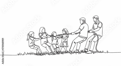 A group of people playing tug-of-war, children and adults, outdoors, in a park or field.