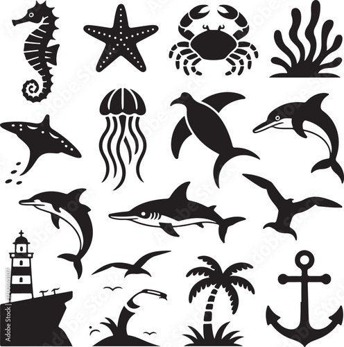 Black silhouette icons of marine life and coastal elements Keywords: seahorse, starfish, crab