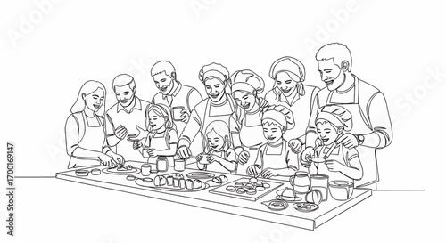 A group of people, including adults and children, are gathered around a table, preparing food together.