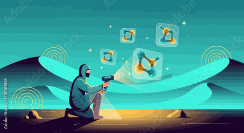 Futuristic Molecular Discovery in a Desert Landscape, Sci-fi Exploration Scene