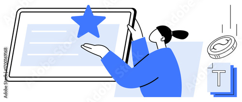 Woman interacting with a tablet, emphasizing a star. Coin and letter elements. Ideal for recognition, achievement, awards, technology, productivity, growth simple landing page