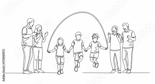 Family enjoying a jump rope activity, a single line drawing.