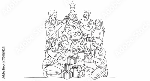 Friends decorating a Christmas tree together.