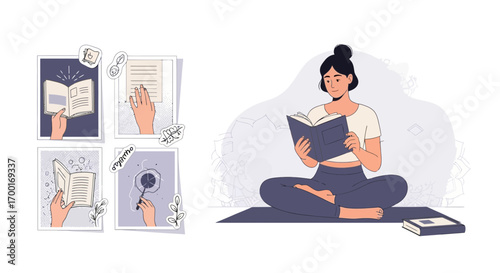 Illustration of a woman practicing yoga and reading a book for relaxation and well being