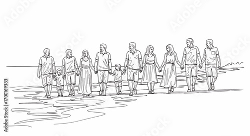 A large family holding hands and walking along the shoreline on a sunny day.