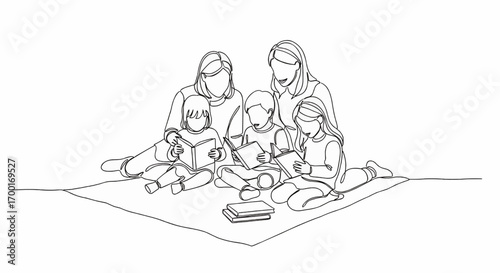 A continuous single line drawing of two women and three children reading books together on a blanket.