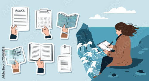 Illustration of a woman sketching by the sea with floating hands holding books and papers