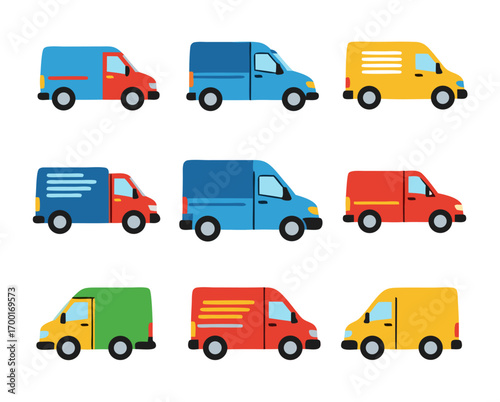 Collection of Delivery Vans in Various Colors for Transportation Services