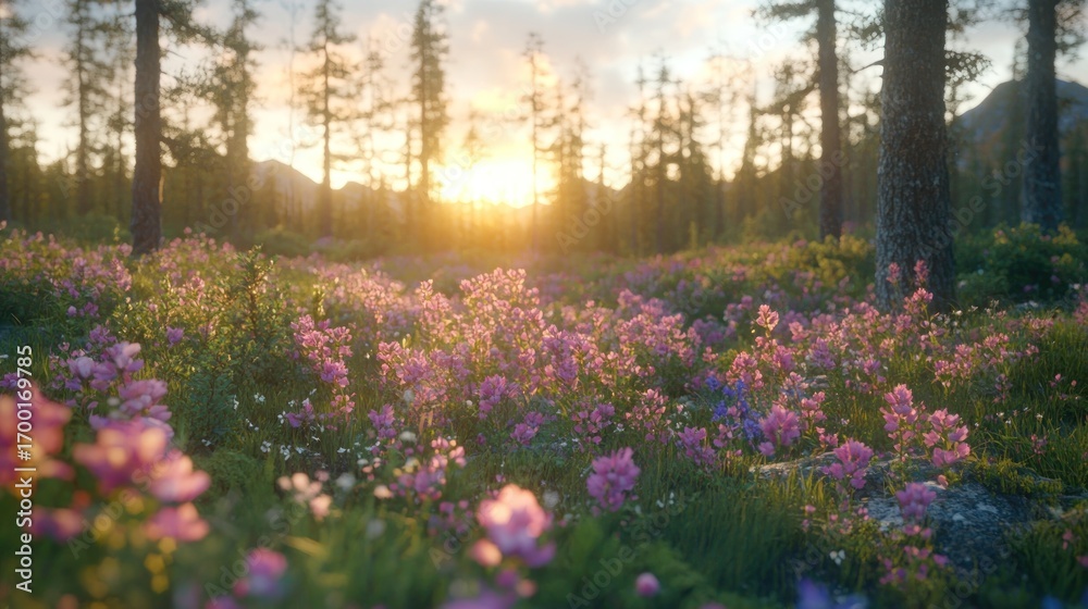 Fototapeta premium Sunset blooms in a sunlit meadow