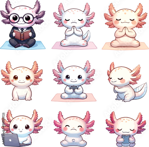 Cute axolotl characters in various poses for design