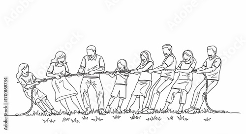 A group of people participate in a tug-of-war game.