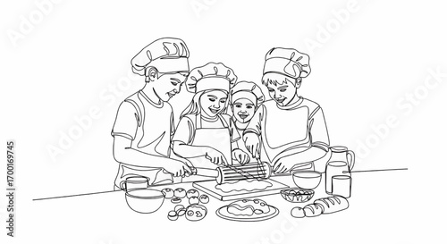 Children in chef hats preparing food together in a kitchen.