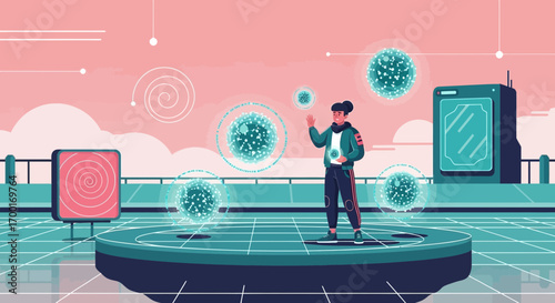 Illustration of a young person interacting with digital holographic spheres in a futuristic world
